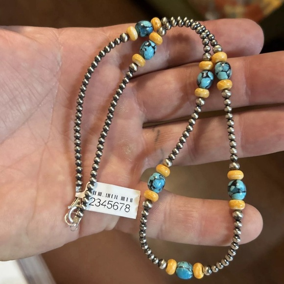 Sterling silver Native American Navajo pearl 18” 3mm pearls 6mm turquoise spiny - Picture 3 of 9